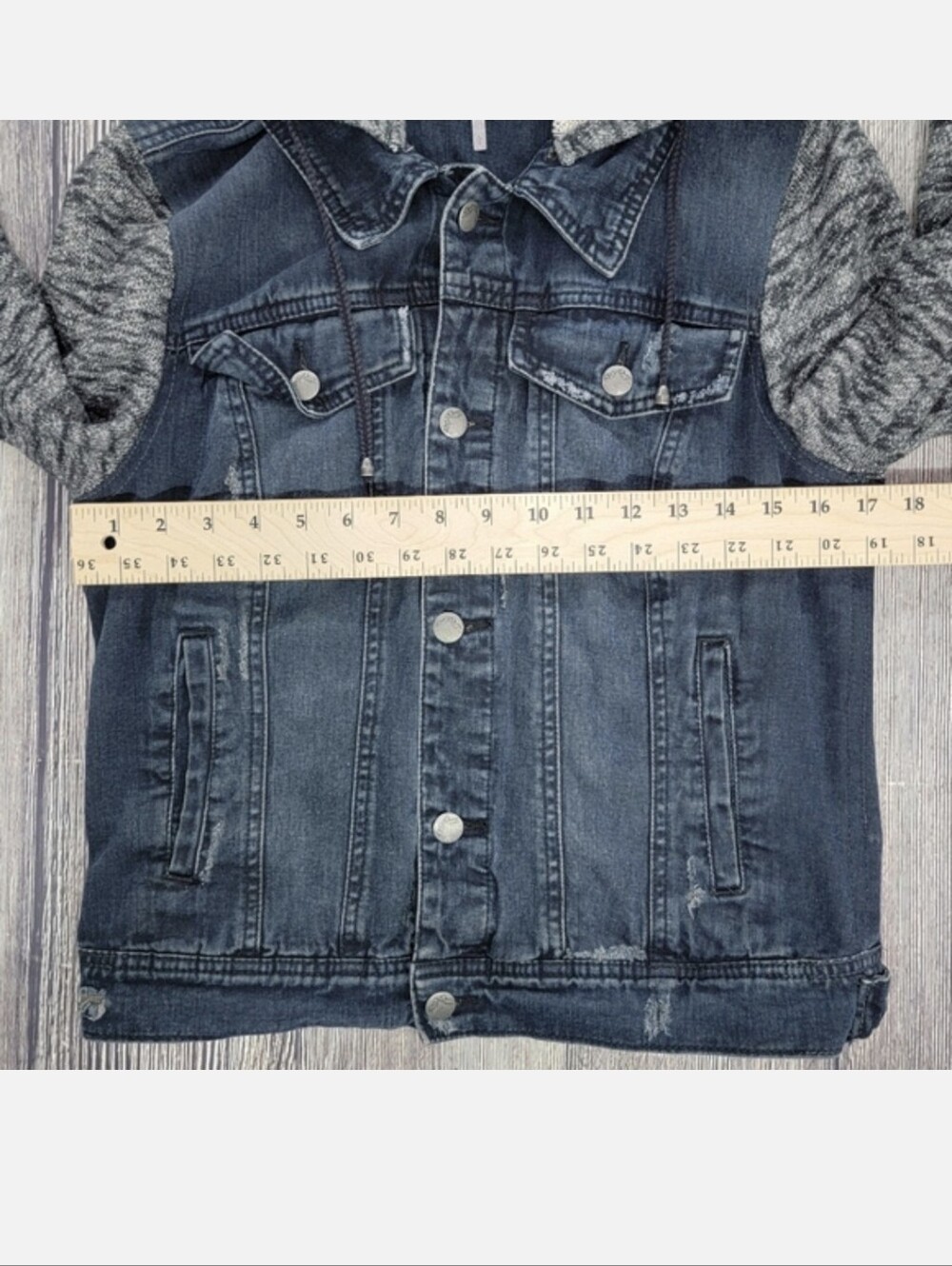 Free People Distressed Denim Jacket With Knit Sleeves and Hood - Picture 10 of 11